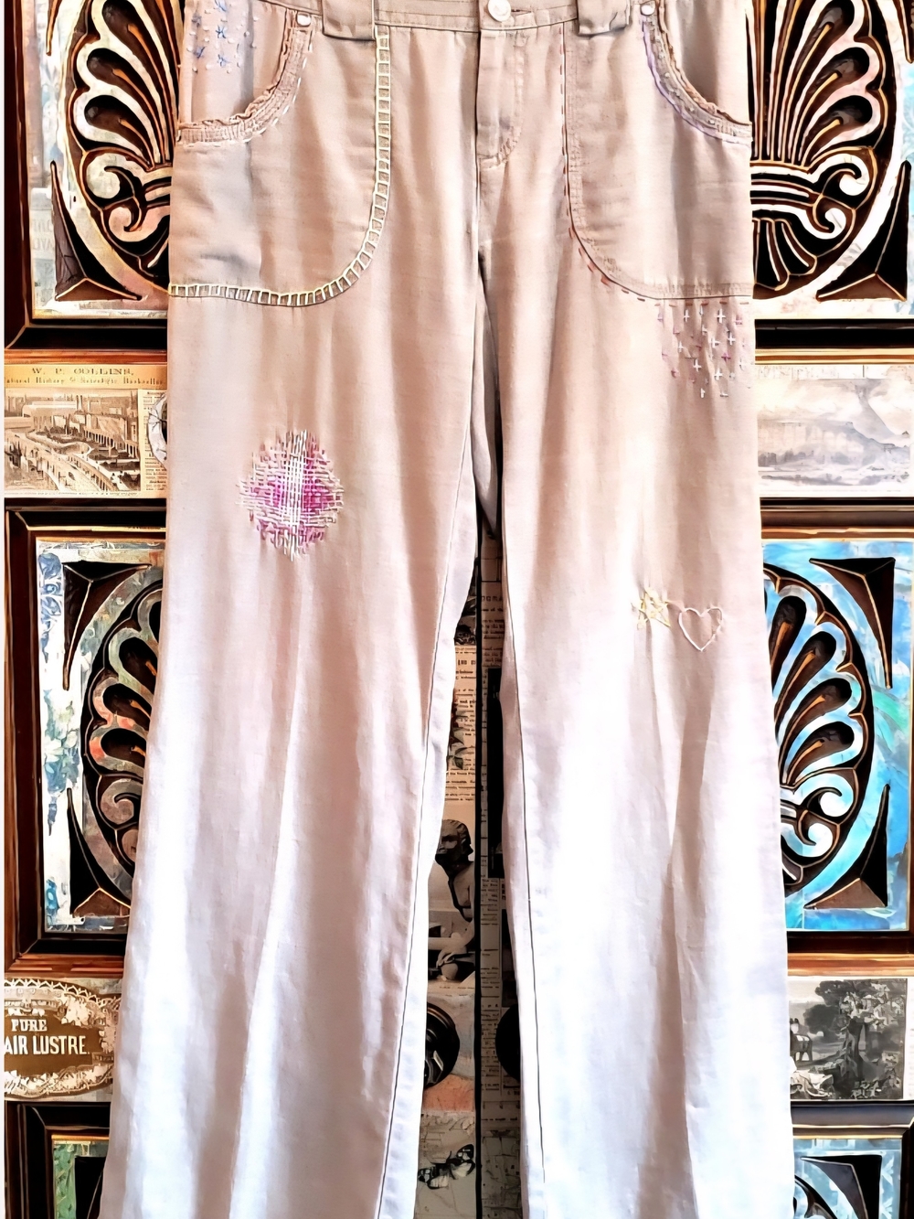 Cottagecore Hand Embroidered Light Gray Linen Women’s Pants